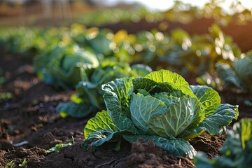 Fresh cabbage vegetables and harvesting garden field background