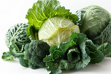 Fresh cabbage vegetables and harvesting garden field isolated on white background