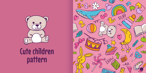 Preschool kindergarten doodle seamless pattern. Educational toys, Montessori activities, doodle drawing, line art. Children vector illustration