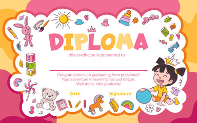Colorful school and preschool diploma certificate for kids and children in kindergarten or primary grades with doodle elements on blue background. Vector cartoon flat illustration