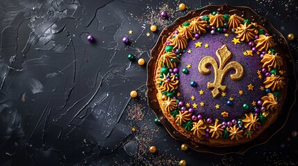 A rich and velvety Mardi Gras cheesecake is the ideal treat to enjoy on Mardi Gras with a moody backdrop, Generative AI.