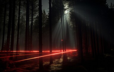 Laser lights in the forest. Moody forests. Party, light company or event company concept.