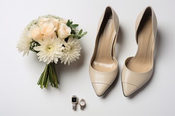 Elegant Bridal Shoes and Wedding Boutonniere. - obrazy, fototapety, plakaty
