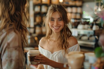 Charming young barista hands coffee to a visitor. A cute girl in a white linen shirt hands coffee to a client in a coffee shop. A smile on the girl's face. - obrazy, fototapety, plakaty