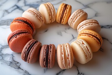 A variety of macarons arranged in a circle on a marble countertop, showcasing different flavors and colors.