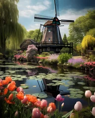 Muurstickers An ancient windmill stands proudly amid a field of vibrant tulips and a  river in the serene countryside. © Siwanart