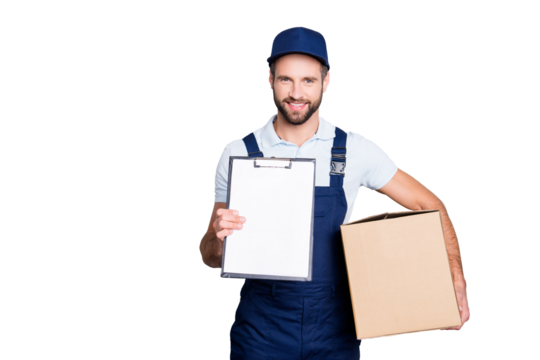 Portrait with empty place, copyspace of cheerful, attractive man having, carrying box in hands demonstrate clean paper in clipboard, looking at camera, isolated on grey background