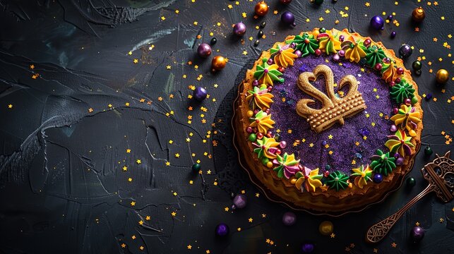 A rich and velvety Mardi Gras cheesecake is the ideal treat to enjoy on Mardi Gras with a moody backdrop, Generative AI.