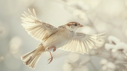 A beige sparrow in mid-flight, captured from an extreme low angle, making the bird appear to be soaring against an almost white sky. Long exposure and motion blur. - Powered by Adobe
