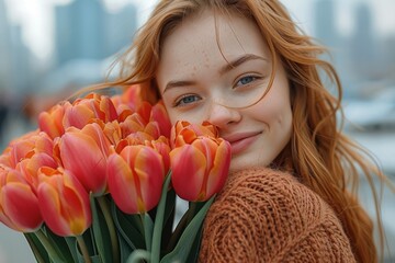 The girl holds an armful of tulips and laughs. Background of modern skyscrapers.