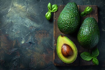 Two perfect avocados on a background of a wooden cutting board, top view. daylight bright light. Space for text