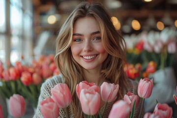 tulips in the hands of a cute woman who laughs. - obrazy, fototapety, plakaty