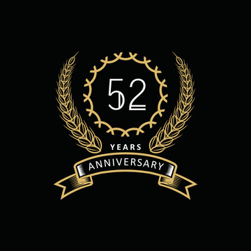 52st anniversary logo with gold and white frame and color. on black background