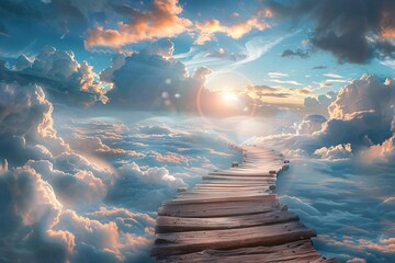 a wooden bridge over the clouds