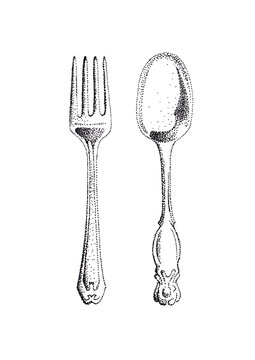 Fork and Spoon Illustration in pointillisme technique. Hand Drawn Graphic Style Drawing of Cutlery.