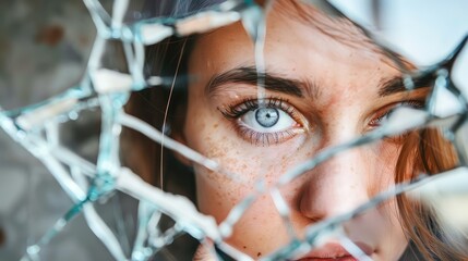 Girl in a broken mirror. Young woman in the reflection of a broken mirror