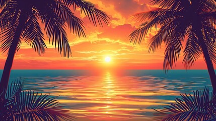 Fototapeta na wymiar Tropical beach sunset vector illustration for printing on a t-shirt. Generative ai.