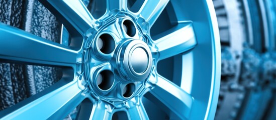 A blue wheel with a silver rim. The wheel is shiny and has a modern look. The image is of a car wheel, and it is the only visible part of the car - obrazy, fototapety, plakaty