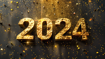 New year 2024 with text in gold letters on dark brown background - obrazy, fototapety, plakaty