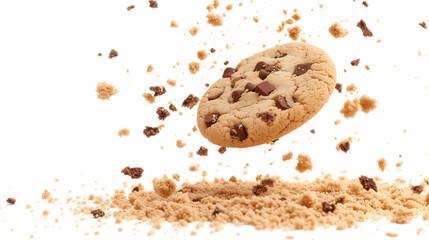 A delightful image featuring a pile of cake crumbs and cookies flying, isolated on a white background with clipping.