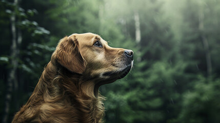 Photo of dog's face against a green forest background.