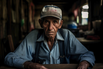 Portrait of senior man in cap and work clothes leaning on a bar table. Concept of traditional Mexican culture and lifestyle. - obrazy, fototapety, plakaty