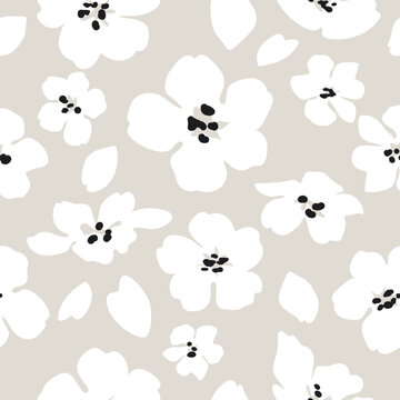 Spring Sakura Cherry blossom  vector seamless pattern, beige background with white flowers and petals