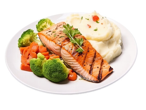 A raw salmon steak with potato and broccoli on the plate. Isollated on the transparent background.