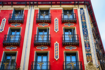 Architectural feature of Posada del Peine (1610), famous place and landmark in Madrid, Spain