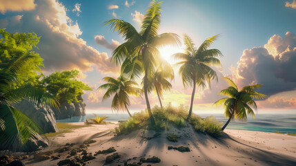 Palm trees on a beautiful white sand beach; travel memories