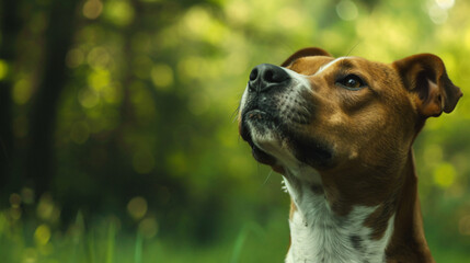 Photo of dog's face against a green forest background.