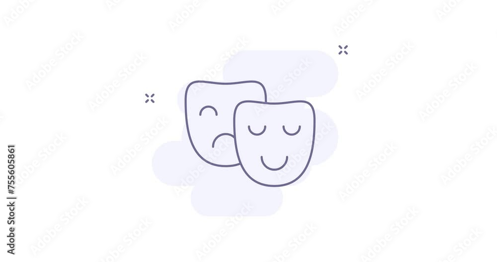 Poster theater masks 2d animated outline icon. theater masks line icon 4k video motion design graphics for 