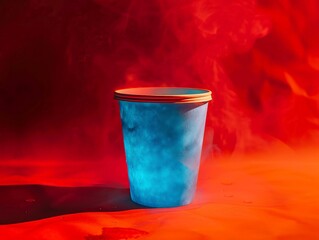 A bright blue beverage cup on a fiery red background