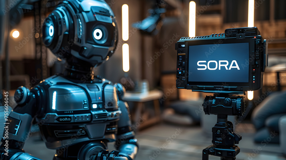 Poster advanced humanoid robot filmmaker demonstrating sora text-to-video ai model in a high-tech videograp
