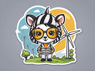  Cute zebra engineer wearing glasses designs a model of a wind turbine environmental technology.
