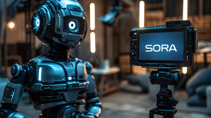 Advanced Humanoid Robot Filmmaker Demonstrating Sora Text-to-Video AI Model in a High-Tech Videography Studio Setting with Camera Equipment "SORA"