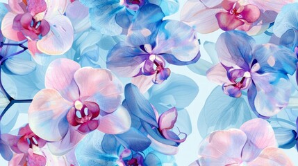 Watercolor orchid flower, seamless pattern, blue background