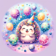 Fototapeta premium Hedgehog's Cheerful Birthday Bash with Colorful Balloons