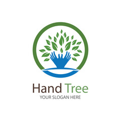 Human hands and tree with green leaves. Logo  symbol  icon  illustration  vector  template  design