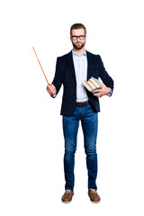 Full size fullbody portrait of clever smart teacher in shirt, jacket, jeans with stubble having...