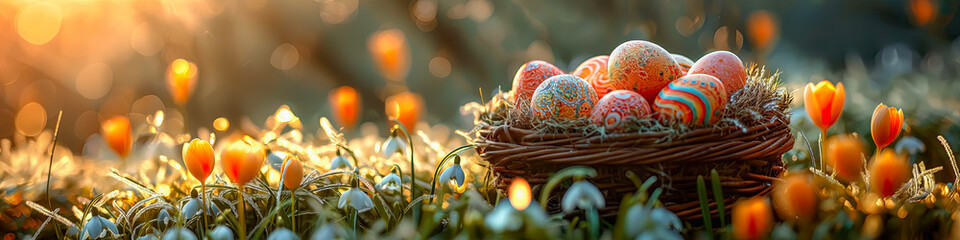 A wicker basket overflowing with colorful Easter eggs ,bright colored with intricate patterns, nestled in soft green grass with snowdrops and crokuss flowers . Backlight, copy space