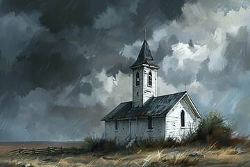 a church in a field with a steeple - obrazy, fototapety, plakaty