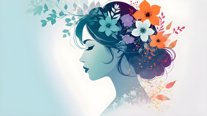 Concept of a beautiful beauty with colorful flowers on her head