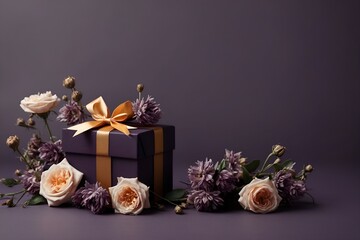 a gift box on a dark purple background with modest flowers. copy space