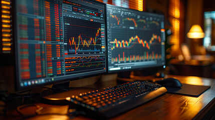Computer screen, stock market and business person reading, typing or work on IPO equity, trade analytics or cryptocurrency.  - obrazy, fototapety, plakaty