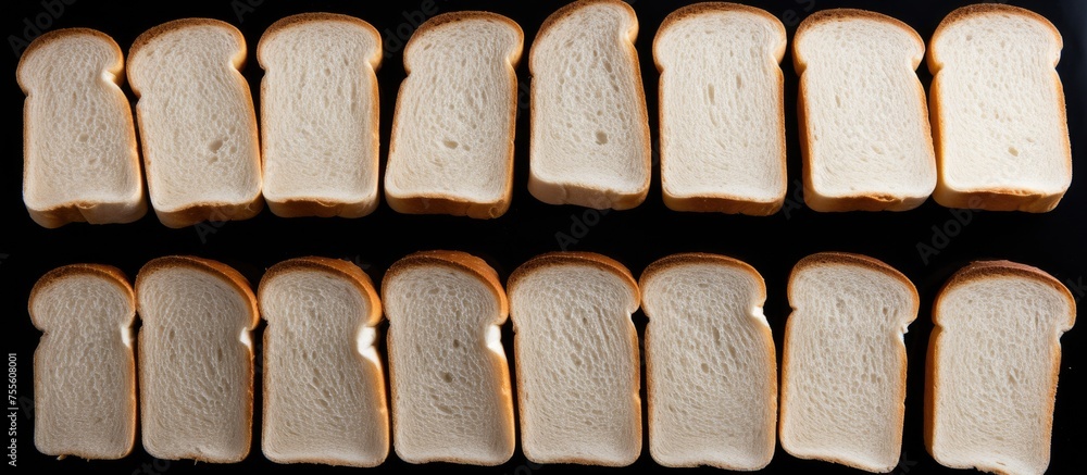 Poster several white bread slices are neatly arranged on a table, showcasing their different sizes and shap