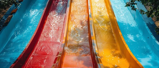 A toboggan with an empty water slide at an amusement park and sliding down a ramp with water flowing, Generative AI. - obrazy, fototapety, plakaty
