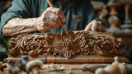 A close-up of a skilled woodworker carving intricate designs into a piece of furniture, buddha...