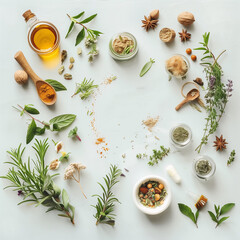 Herbal medicine concept. Leaves, plants, pills, oil on the stolen background. Top view