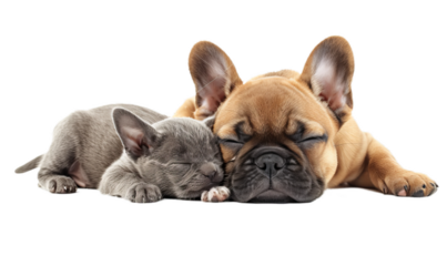 A small cute dog sleeping with cutie cat.